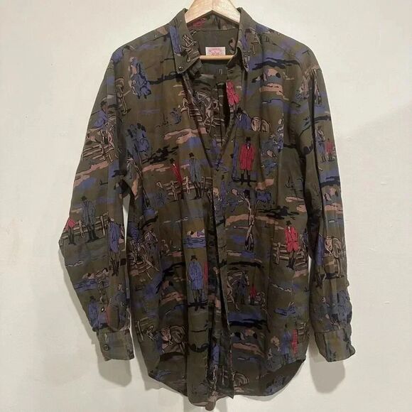 Brooks Brothers Olive Cotton BD Fox-Hunt Camo Print Sport Shirt Size Large - Picture 1 of 5